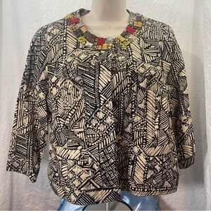 Ruby Road  Geometric Black and Cream Women jacket embellished collar. Size 14
